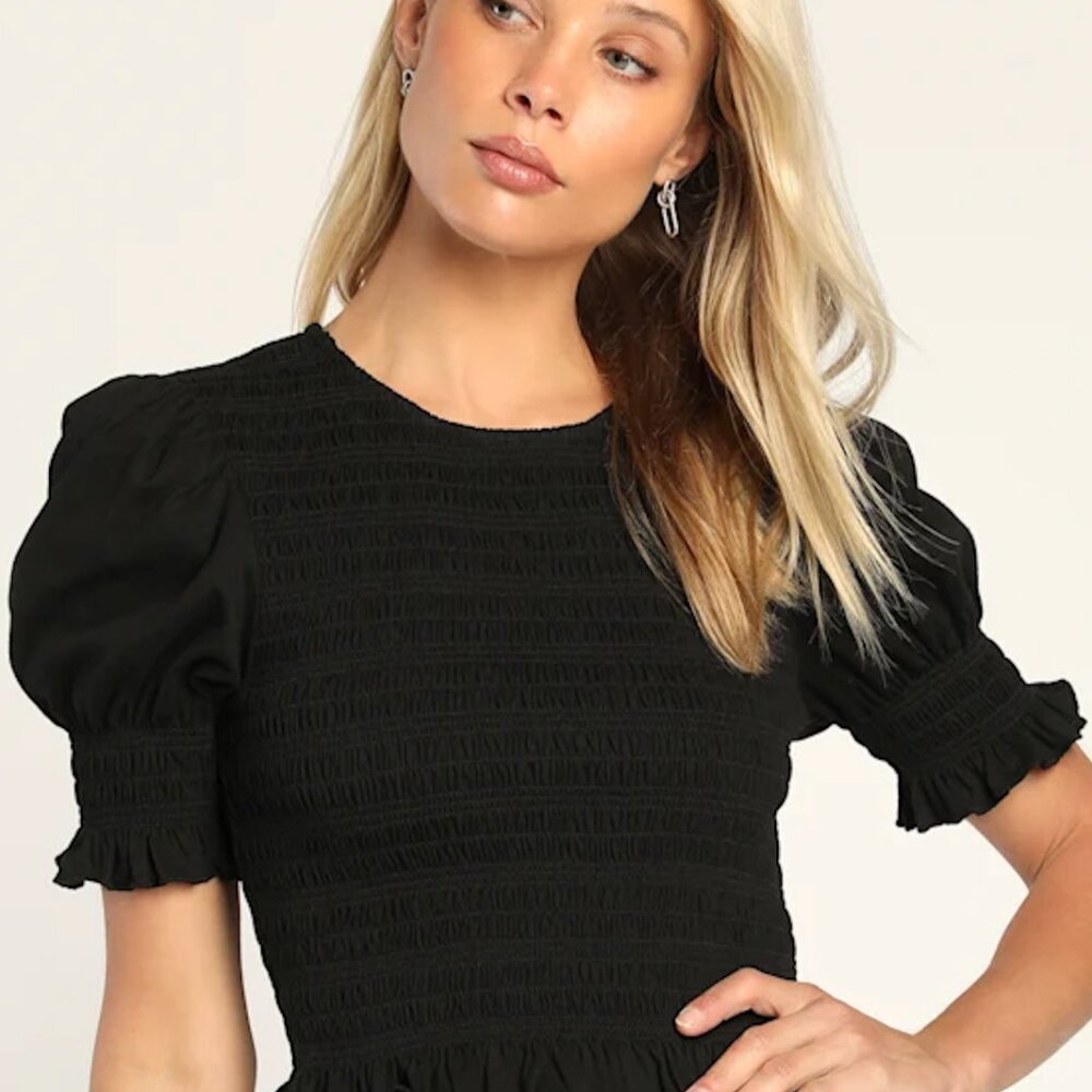 And Other Stories Black Smocked Puff Sleeve Top Small